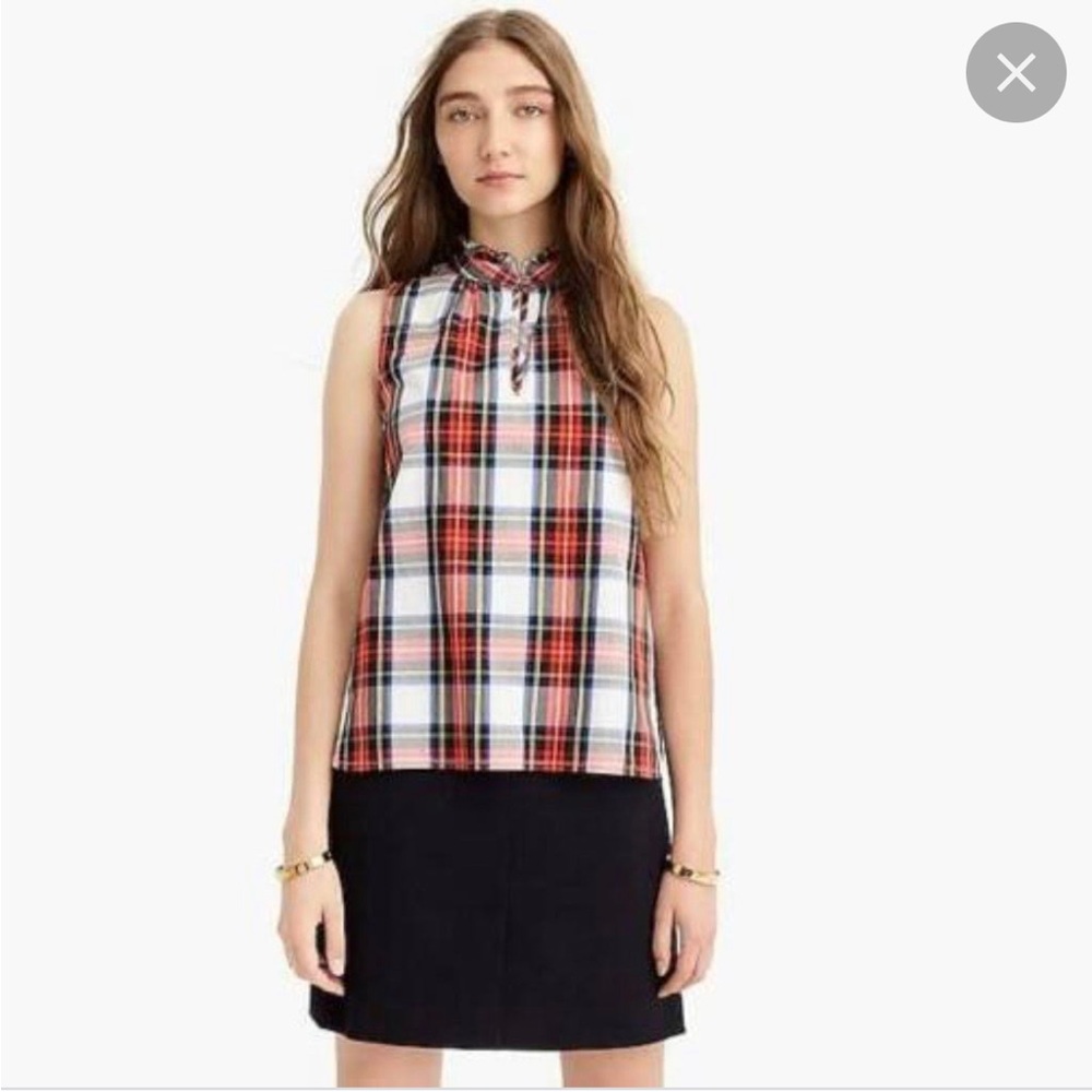 J Crew ruffle neck tartan poplin sleeveless blouse, NWT